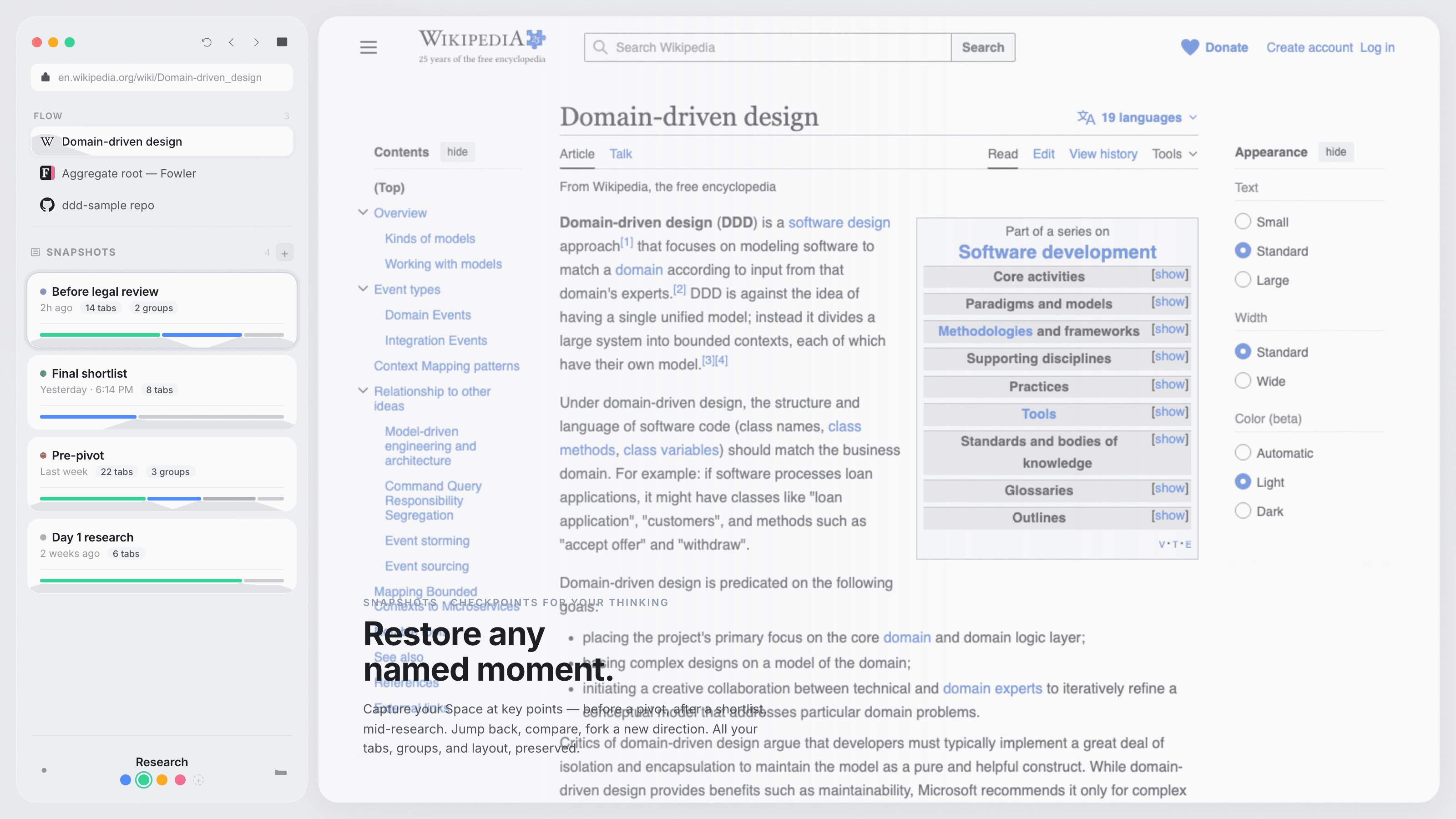 Step Browser snapshots, save named checkpoints of your Space